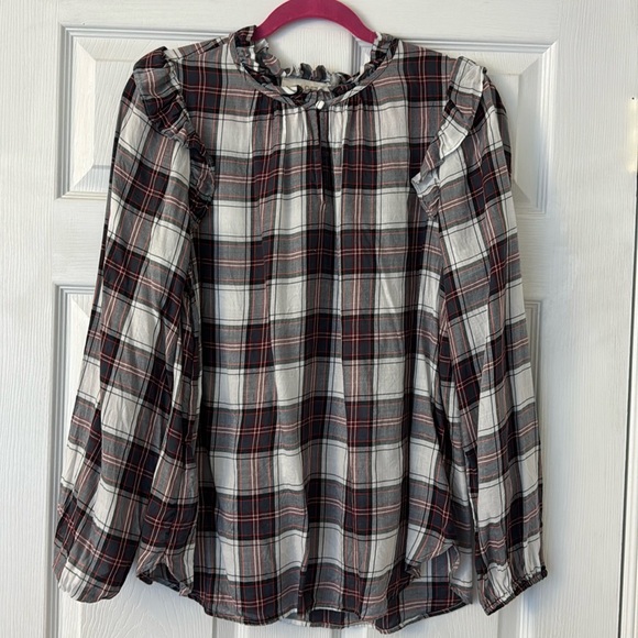 Loft Plaid Ruffle Button-Collar & Ruffle Shoulder Lightweight Blouse - Picture 1 of 4